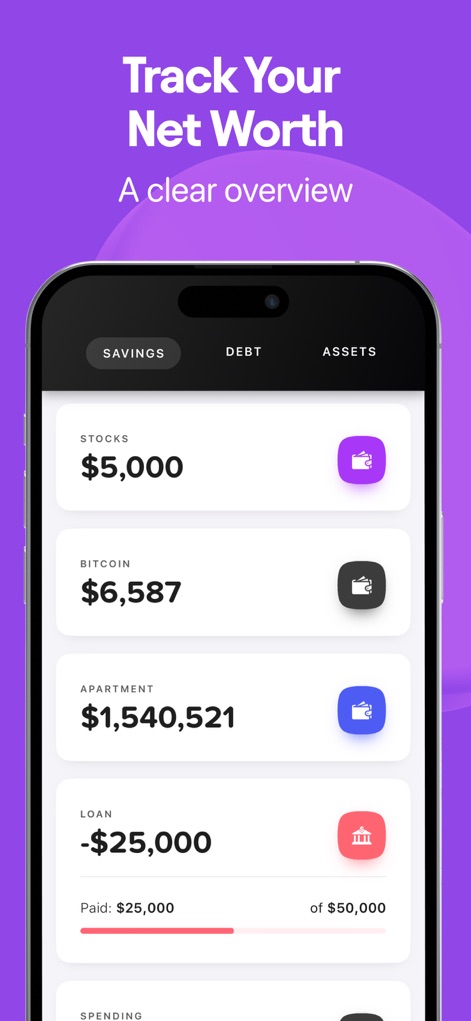 Buddy: Budget Planner App - Les utilisateurs bénéficient d'une vue d'ensemble de leur patrimoine net, avec une catégorisation claire des actifs et des dettes, et une visualisation du progrès des remboursements de prêts.