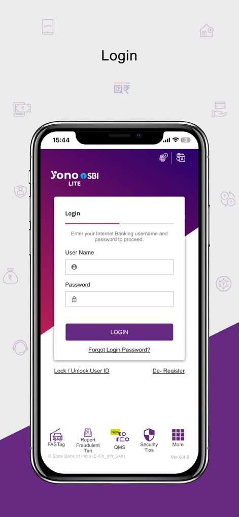 Yono Lite SBI - This classic login interface provides fields for entering a username and password, along with options to reset forgotten credentials.