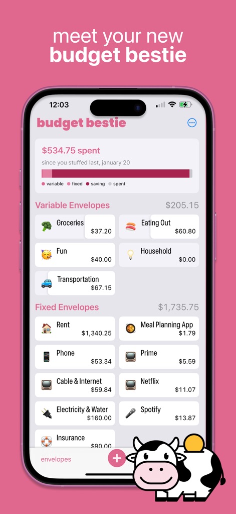 Budget Bestie - 이 앱은 변동 및 고정 봉투를 명확하게 구분하여 사용자가 지출 현황을 쉽게 파악할 수 있도록 하며, 특정 기간 동안의 지출 진행률을 시각적인 막대 그래프로 보여줍니다.