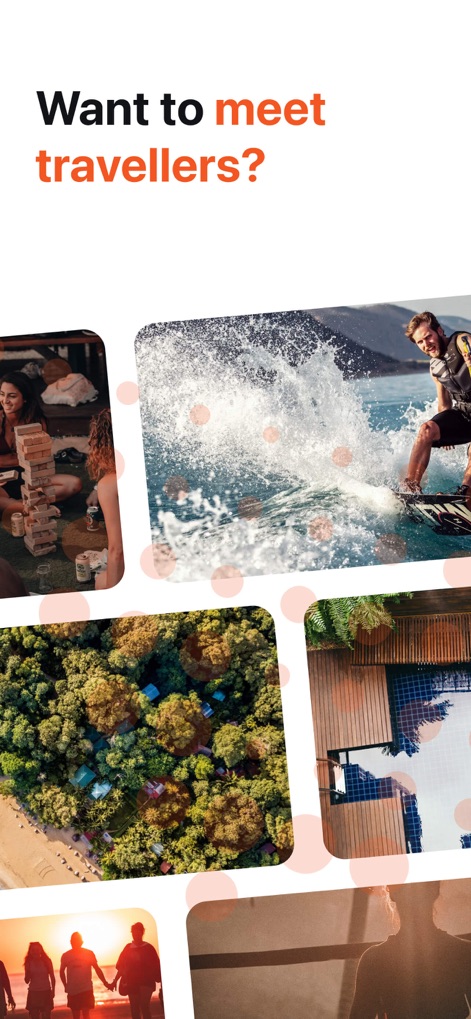 Hostelworld: Hostel Travel App - The app captivates with a clear question "Want to meet travellers?" and illustrates diverse social activities like watersports and group gatherings, setting the stage for connection.