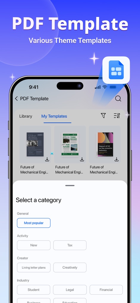 PDFelement: PDF Editor, Viewer - ユーザーは、「履歴書」や「請求書」といったプロフェッショナルなテーマ別テンプレートの豊富な「ライブラリ」から選択し、作業内容に応じてカテゴリで「フィルタリング」できることを視覚的に確認できます。