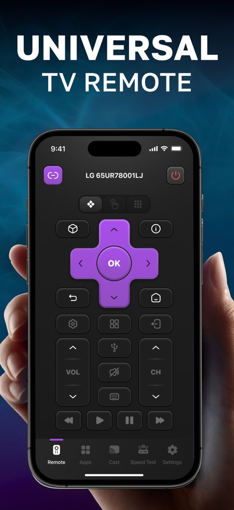 Universal TV Remote Control 。 - This screenshot showcases the app's comprehensive remote interface, featuring a central D-pad for navigation and dedicated volume and channel controls.