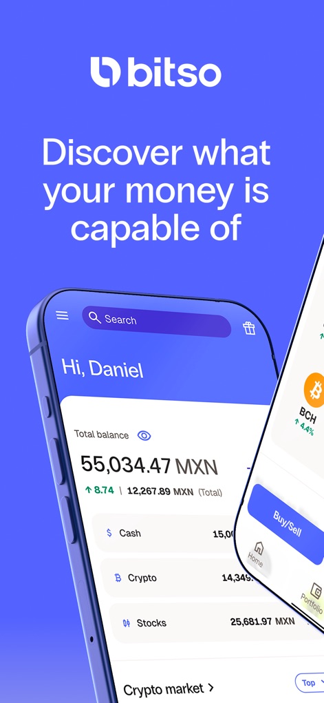 Bitso: Save and invest easily - Discover how the app presents a user's total balance and organizes investments into clear categories like 'Crypto' and 'Stocks' for comprehensive management.