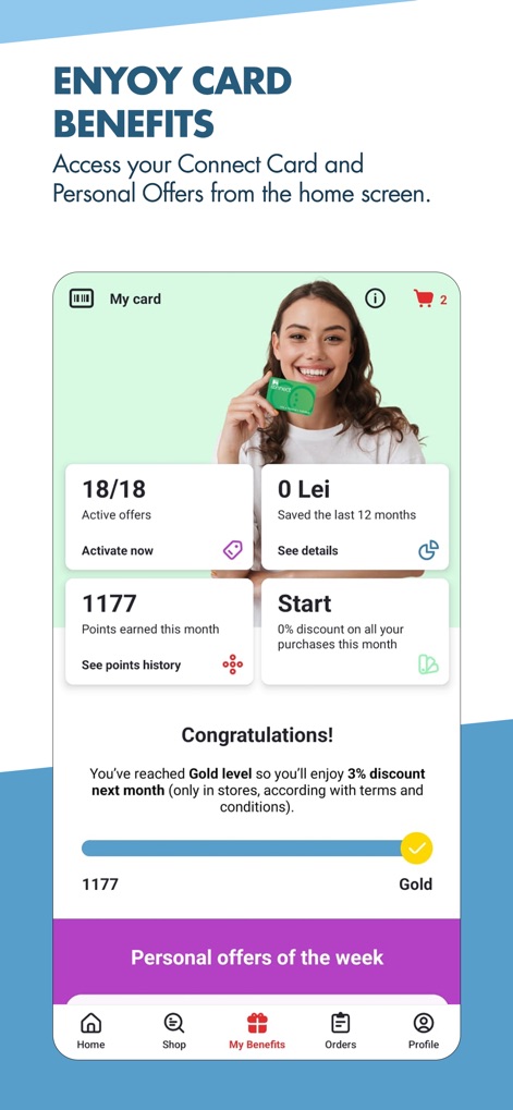 Mega Image Online - The app highlights active offers and accumulated points, showcasing loyalty tiers like "Gold level" and providing access to personalized weekly deals.