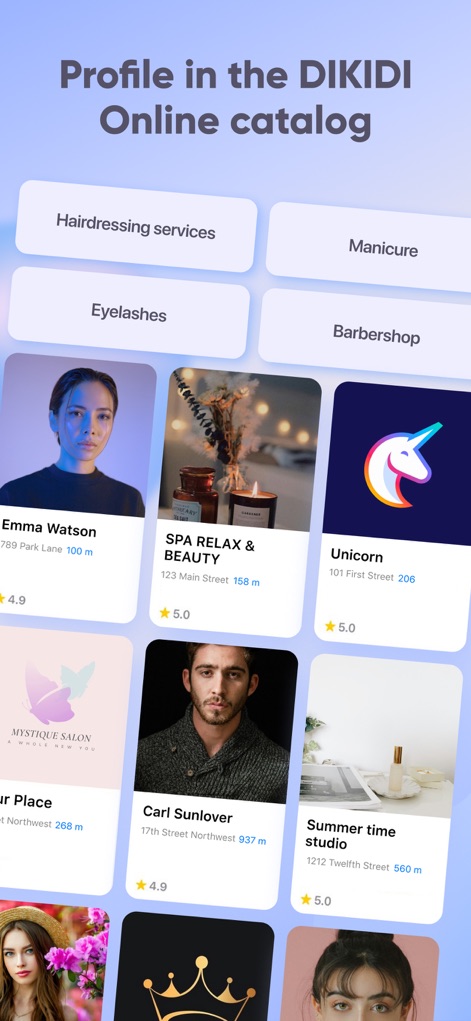 DIKIDI Appointments Scheduling - Showcase services within the DIKIDI Online catalog, allowing businesses to be discovered through category filters and visually appealing profiles complete with ratings.