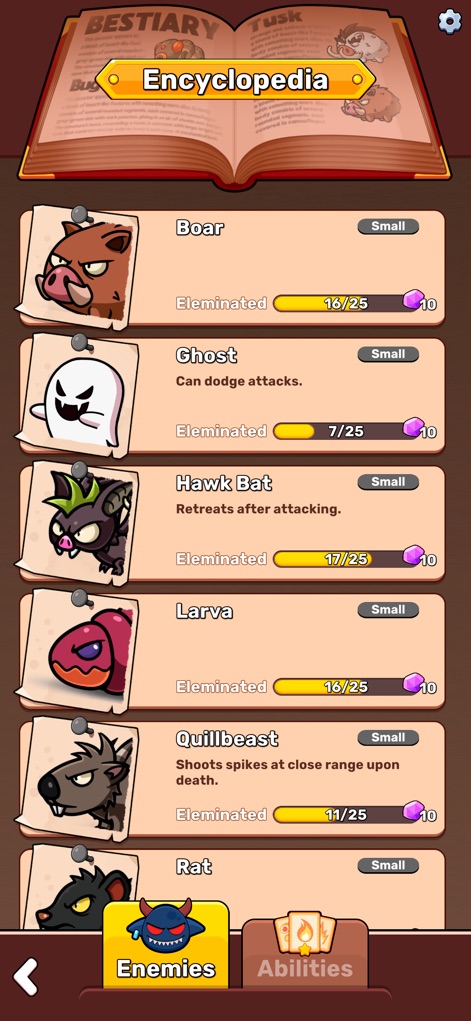 Claw Master – Roguelike Hero - Delve into the comprehensive 'Encyclopedia' section, detailing various 'Enemies' like Boars and Ghosts with their specific traits and elimination progress.