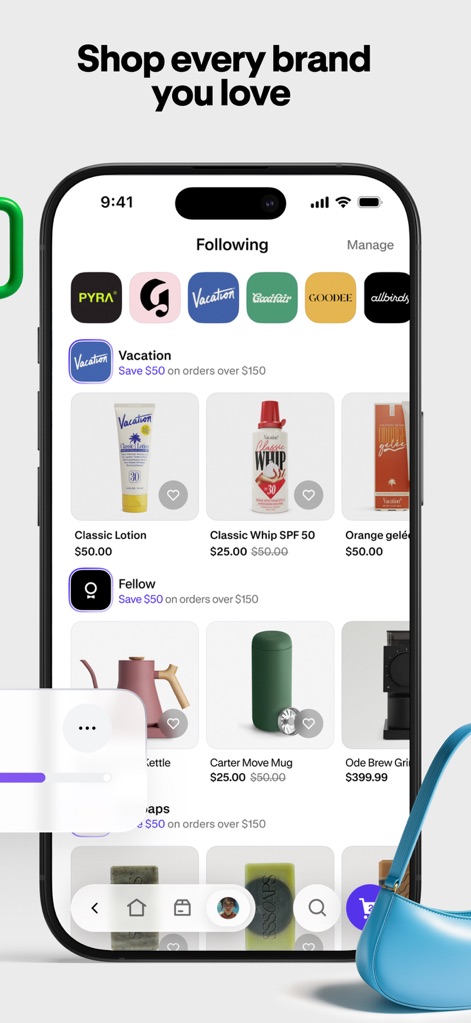 Shop: All your favorite brands - The app highlights how users can easily follow their favorite brands and browse a curated feed of products, displaying clear price-saving offers on items.