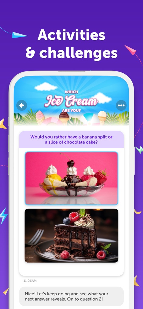 Kinzoo: Fun All-Ages Messenger - O aplicativo oferece atividades envolventes, como a pergunta 'Qual Sorvete Você É?', que exibe opções visuais de um banana split e um bolo de chocolate.