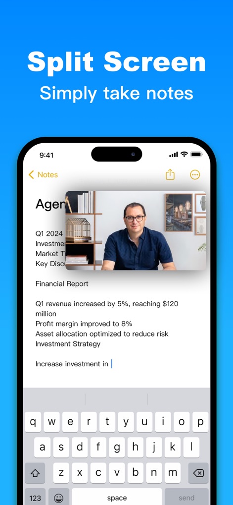 Split Screen - Floating Apps - La herramienta facilita la toma de notas en un entorno productivo, integrando una imagen relevante junto al texto de un informe financiero, mejorando la comprensión visual del contenido.