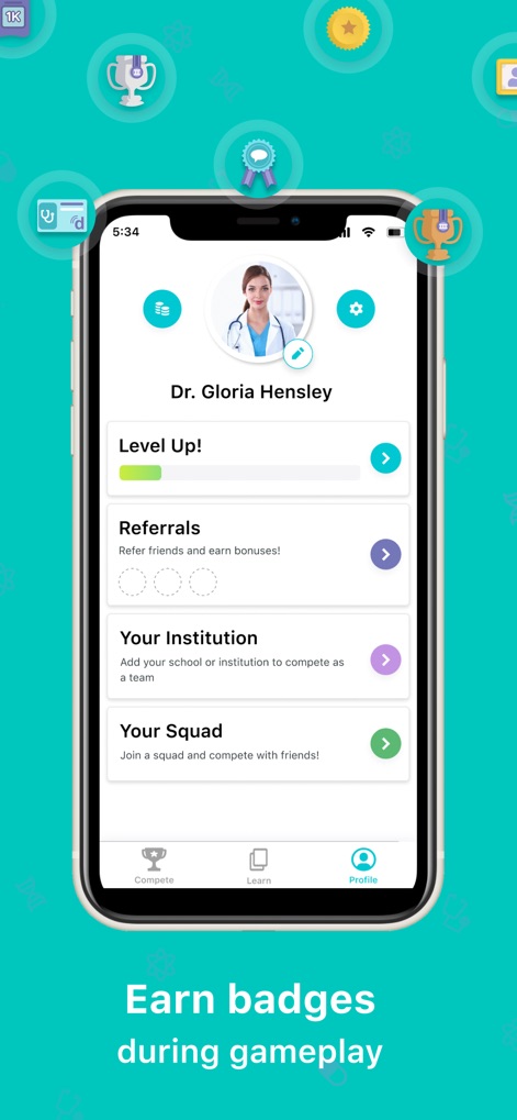 DiagnosUs - Users can monitor their advancement through a comprehensive profile showcasing 'Level Up!' progress and referral options, alongside a clear display of earned badge icons.