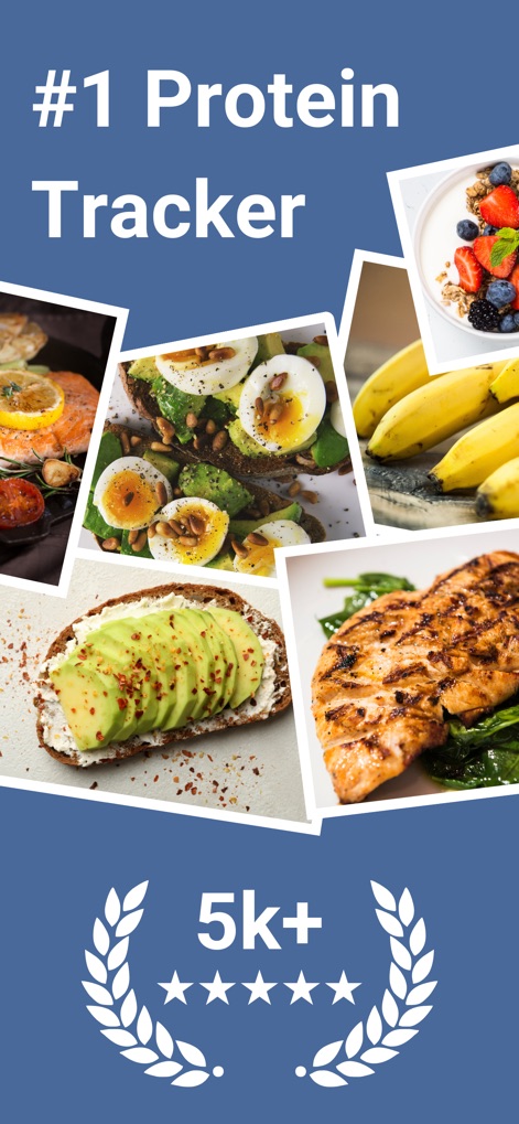 Protein Tracker: Protein Pal - La aplicación se presenta como el #1 en seguimiento de proteínas, avalado por un collage de alimentos ricos en proteínas y más de 5k reseñas positivas.