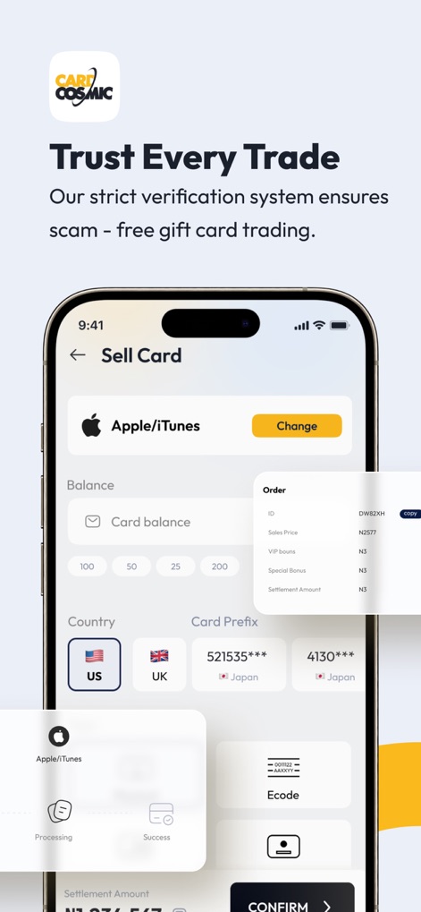 CardCosmic - The efficient 'Sell Card' screen allows users to easily input card details for brands like 'Apple/iTunes' and select their country, instantly generating an 'Order' summary detailing the sales price and settlement amount.