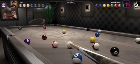 8 Ball Pool : Billiards - Esta captura destaca la interfaz de juego intuitiva, mostrando los avatares de los jugadores y la disposición realista de las bolas en la mesa.