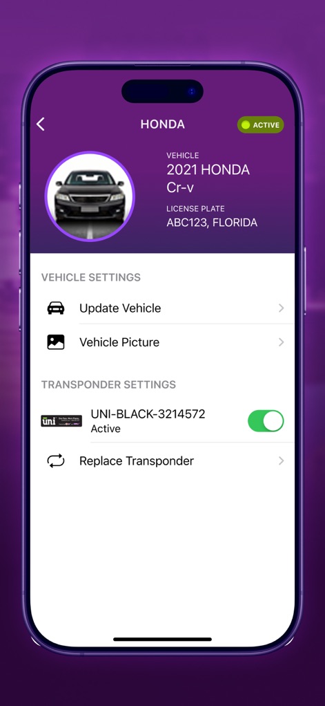 E-PASS Toll App - Users can manage vehicle details, including license plate information, and control transponder activation status through a simple toggle.