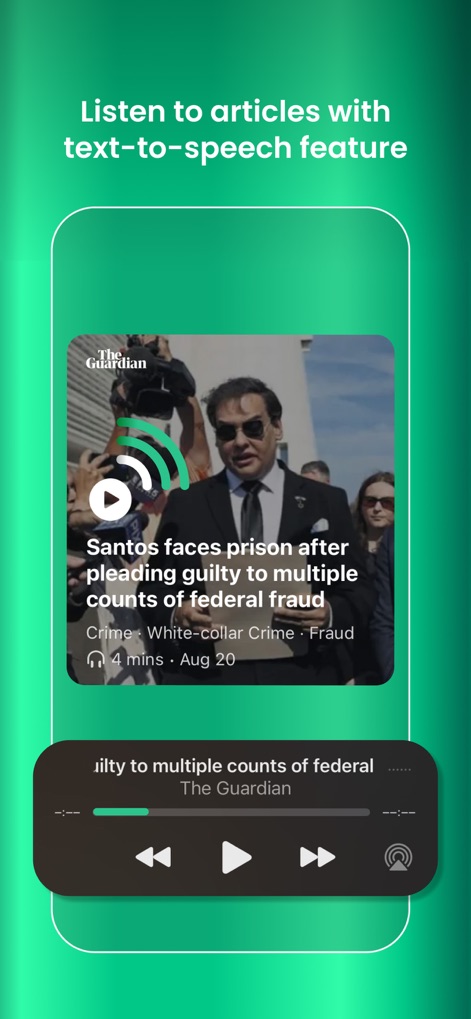 PressReader: News & Magazines - This feature allows users to listen to articles using text-to-speech, complete with a clear play button and intuitive audio playback controls.