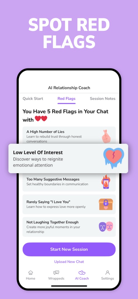 NARYA: Wrapped & AI Coach - La sección "Red Flags" ayuda a los usuarios a identificar patrones negativos en sus conversaciones, destacando señales como un "Low Level Of Interest" y la presencia de "Too Many Suggestive Messages".