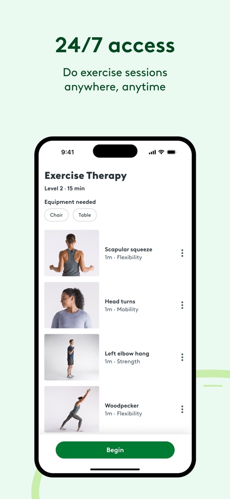 Hinge Health - Les utilisateurs peuvent explorer une bibliothèque d'exercices, chacun précisant sa "durée (1m)" et la "catégorie de mouvement" (par exemple, Flexibilité, Mobilité).