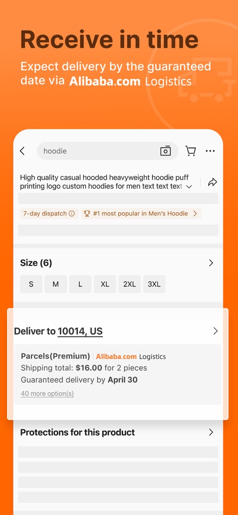 Alibaba.com - The app ensures timely order fulfillment, displaying clear shipping options like "Guaranteed delivery by April 30" and a "7-day dispatch" window.