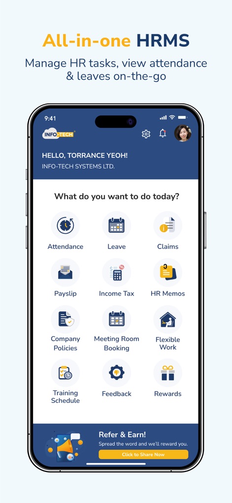 INFOTECH HRMS - Users gain access to a comprehensive suite of HR modules, including 'Attendance' and 'Payslip' functionalities, all within a single, intuitive interface.