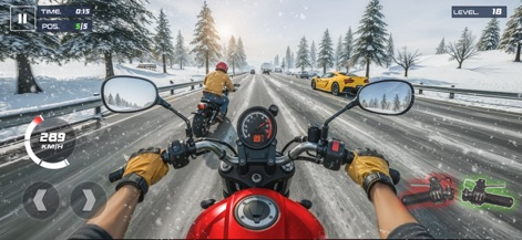Rider 3D Racing Bike Games - A imagem mostra uma emocionante corrida em um ambiente nevado, com flocos de neve caindo, e um painel de instrumentos claro no guidão da motocicleta.