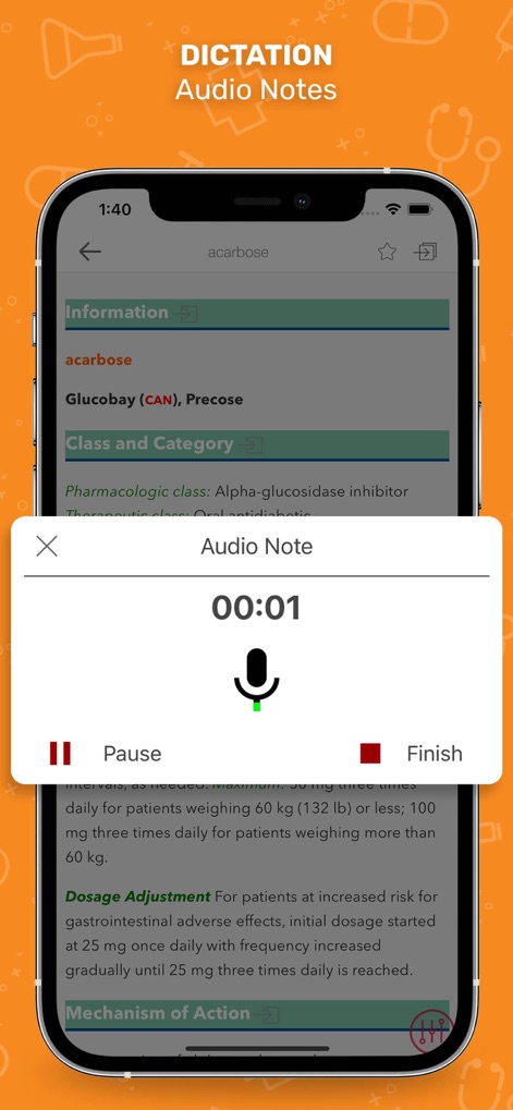 Nurse’s Drug Handbook - Die Diktierfunktion ermöglicht das Erstellen von Audio-Notizen zur schnellen Erfassung von Informationen, dargestellt durch das „Audio Note“-Fenster mit der Aufnahmezeit und den Wiedergabesteuerungen.