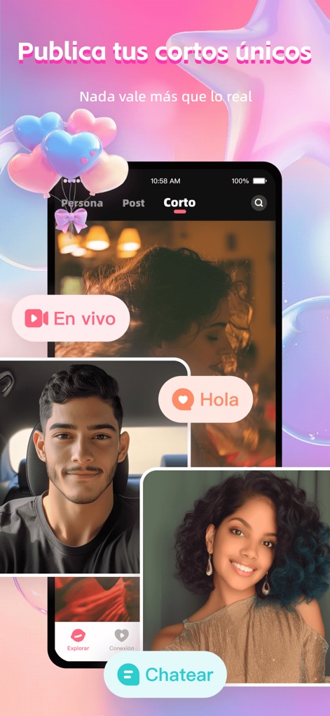 SeeTa: Corto, En vivo, Familia - Esta sección enfatiza la creación de contenido auténtico con una interfaz clara para grabar y compartir vídeos 'Corto', o iniciar transmisiones 'En vivo', promoviendo la expresión personal.