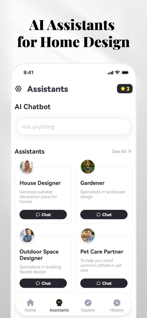AI Home Design: Interior DecAI - Diese Ansicht stellt die spezialisierten "KI-Assistenten" vor, die individuelle Unterstützung als "Hausdesigner" oder "Gärtner" für verschiedene Projekte bieten.