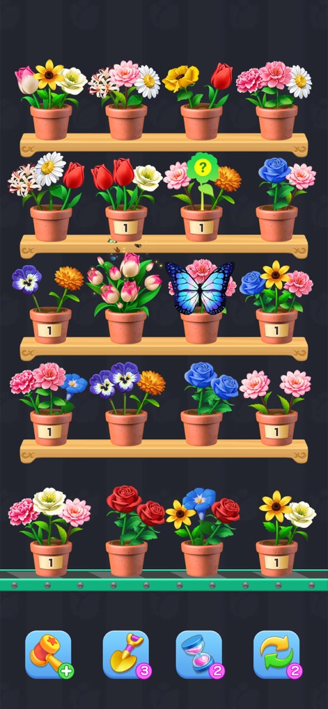 Blossom Sort® - Flower Games - Los usuarios exploran un extenso jardín de flores con diversas especies y colores (X), mientras una sutil animación de mariposa añade un toque de encanto visual (Y).