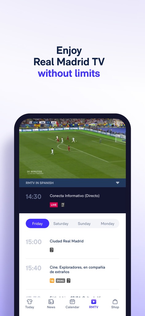 Real Madrid - Enjoy uninterrupted access to Real Madrid TV's live stream, showcasing current match broadcasts, alongside a clear schedule of upcoming programming.