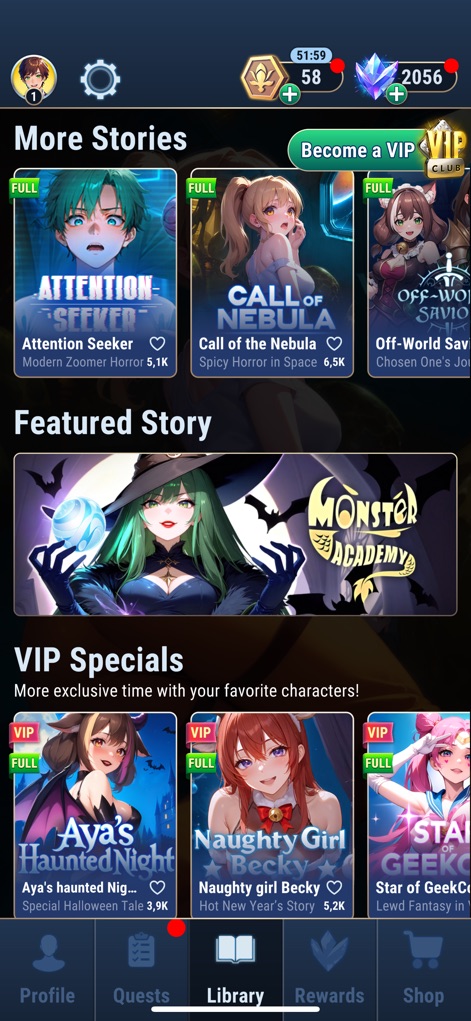 Anime Dating Sim: Story Games - La biblioteca de la aplicación ofrece una amplia selección de narrativas, destacando la diversidad de portadas de historias con géneros variados y una sección especial de 'VIP Specials' que promete contenido exclusivo.