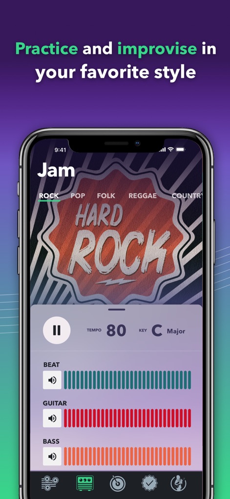 Guitar Tuner Easy tune chords - Experience the customizable jam tracks feature, where users can choose from styles like 'Hard Rock' and fine-tune individual instrument volumes.