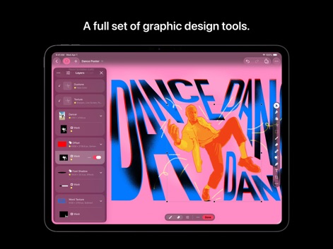 Pixelmator Pro: Edit Images - Aquí se observa la potencia de la aplicación para el diseño gráfico, con una composición tipográfica dinámica que utiliza la palabra "DANCE" y un panel de capas intuitivo para una edición precisa.