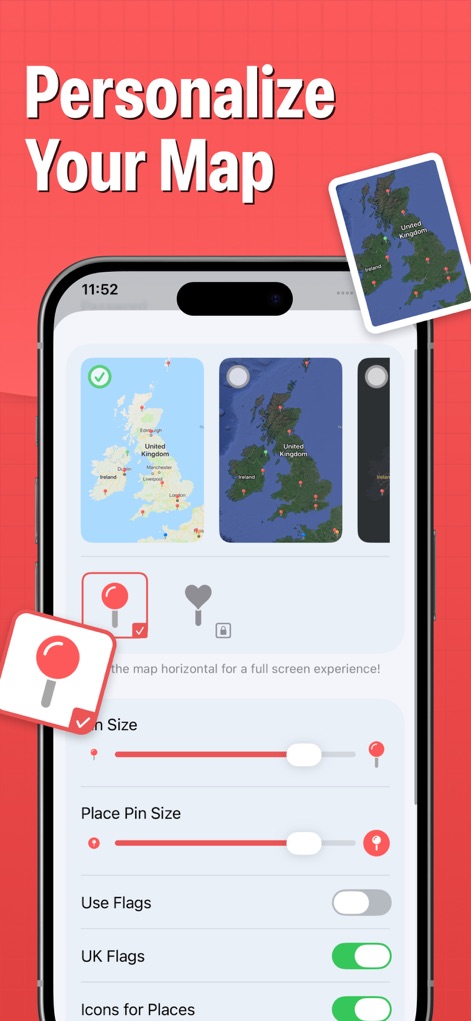 Pin Traveler: Track Travel Map - See the extensive customization options available, enabling users to adjust 'Pin Size' with a slider and toggle the display of 'Use Flags' for a tailored map experience.