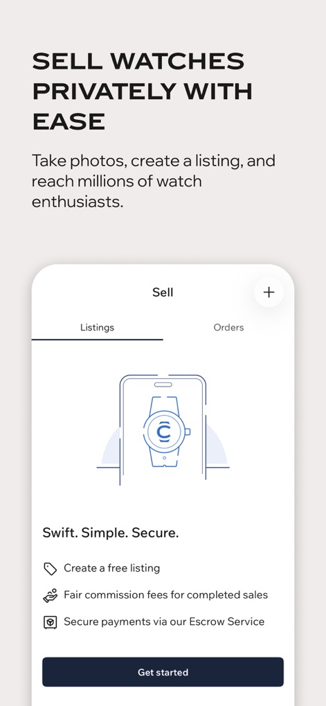 Chrono24 | Luxury Watch Market - La sezione "Sell" dell'app semplifica il processo di vendita, consentendo agli utenti di "Create a free listing" e garantendo "Secure payments via our Escrow Service", facilitando la connessione con milioni di potenziali acquirenti.