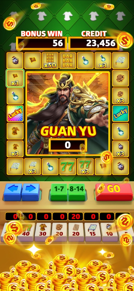 Hunter Slot - Discover diverse themed slot reels featuring iconic characters like "GUAN YU" and various bonus item symbols.