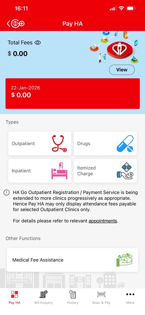HA Go - Questo strumento facilita la gestione finanziaria medica, mostrando il "Total Fees" in modo chiaro e categorizzando le spese per "Outpatient", "Drugs" e altre tipologie di servizi.