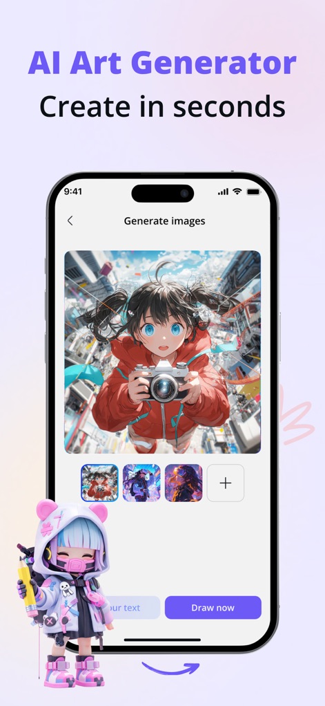 Trace Drawing App - Sketchify - El titular "AI Art Generator Create in seconds" destaca la capacidad de la aplicación, mostrando una imagen generada por IA de una chica con una cámara y el campo de texto "Describe your text", permitiendo crear ilustraciones a partir de descripciones.