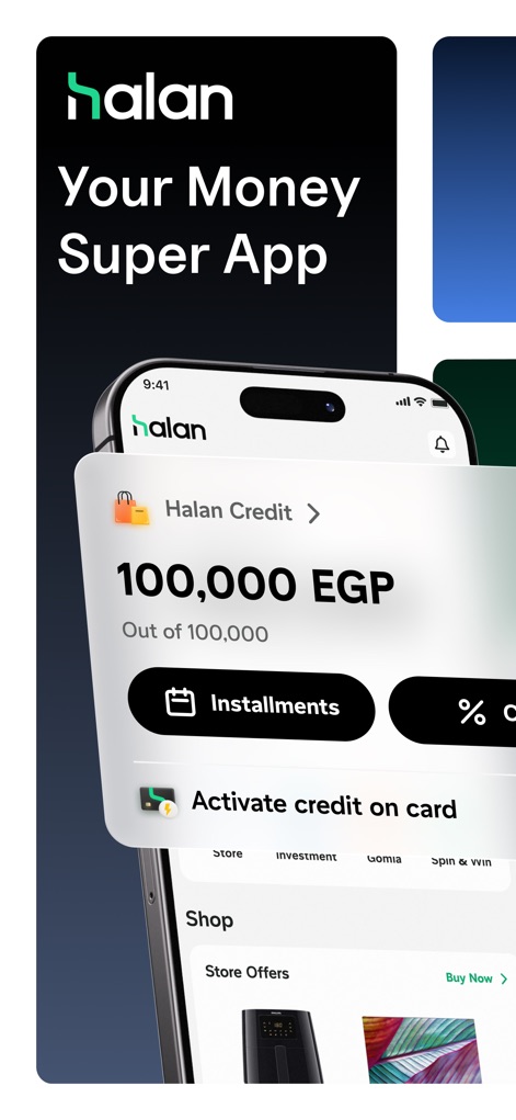 Halan: Lending, BNPL, Payments - Die App zeigt ein verfügbares Halan Kreditlimit von 100.000 EGP und ermöglicht Nutzern, Ratenzahlungen bequem zu verwalten und Store-Angebote zu erkunden.