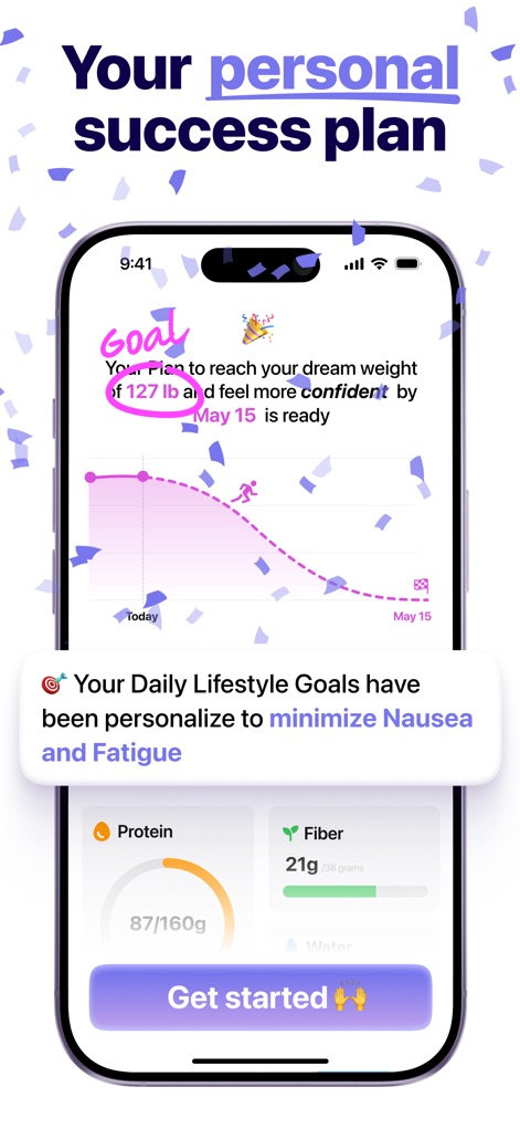 MeAgain: GLP-1 all-in-one app - Users can view their weight loss journey with a clear 'Goal' timeline and receive personalized daily lifestyle adjustments to minimize side effects like Nausea and Fatigue.