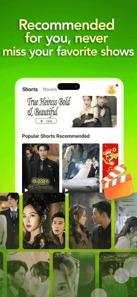 FunDrama - Funflip - O aplicativo exibe recomendações personalizadas em uma interface clara, destacando as abas 'Shorts' e 'Novels' para alternar entre formatos de conteúdo e a seção 'Popular Shorts Recommended' com miniaturas de vídeo.