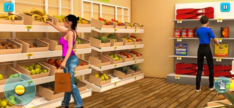 Supermarket Cashier Girl Games - Observe customers navigating the colorful fresh produce bins and making selections from fully stocked shelves, depicting the shopping experience.