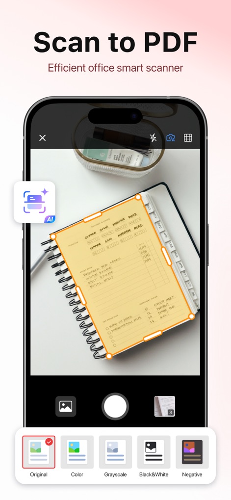 PDF Reader - Editor & Scanner - AI搭載スキャナーは、紙文書の端を自動検出して高精度にデジタル化し、複数のカラースキームで最適化された画像を生成します。