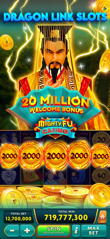 Mighty Fu Casino: Slots Game - The app introduces players to the exciting Dragon Link Slots theme, prominently featuring a regal emperor visual and a generous 20 Million Welcome Bonus to kickstart virtual play.