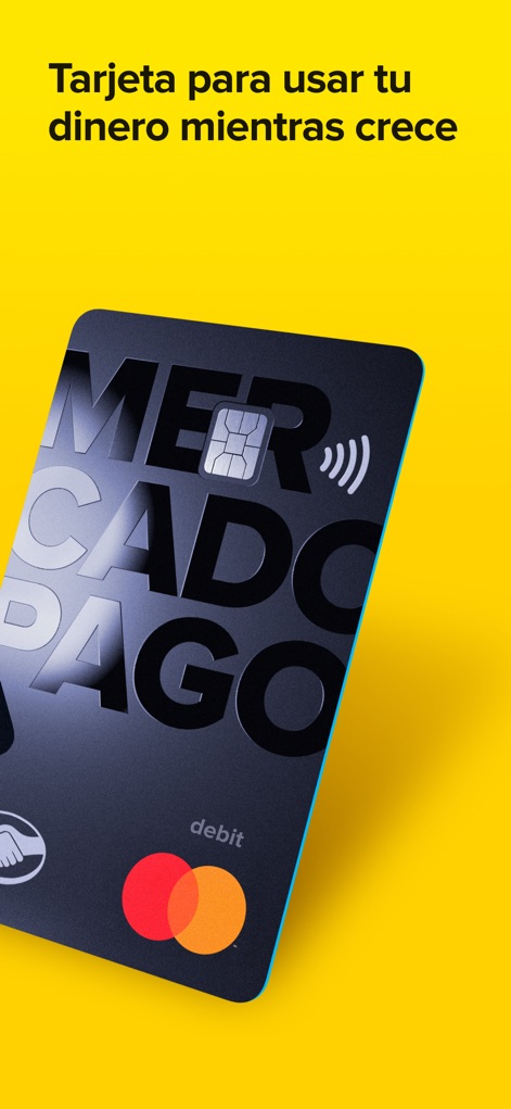 Mercado Pago: cuenta digital - La imagen resalta la tarjeta de débito Mastercard de Mercado Pago con su diseño distintivo y el chip, simbolizando acceso fácil y seguro al dinero que crece.