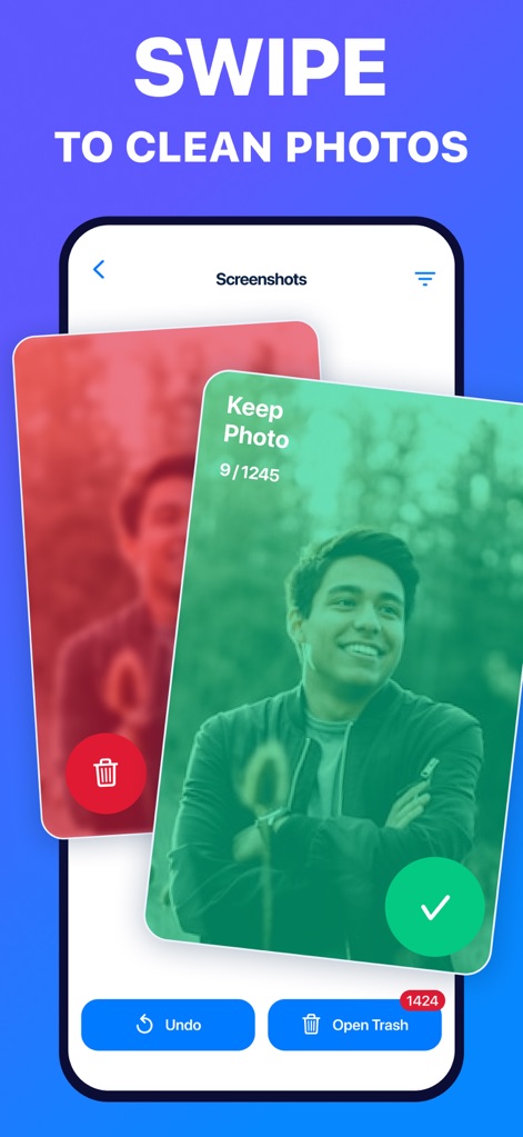 Phone Cleanup: Storage Cleaner - Die App ermöglicht eine intuitive Bearbeitung von Fotos durch Wischgesten, bei der Nutzer mit einem Wischen entscheiden können, ob ein Screenshot behalten oder gelöscht werden soll, was durch die Anzeige "9 / 1245" den Fortschritt verdeutlicht.