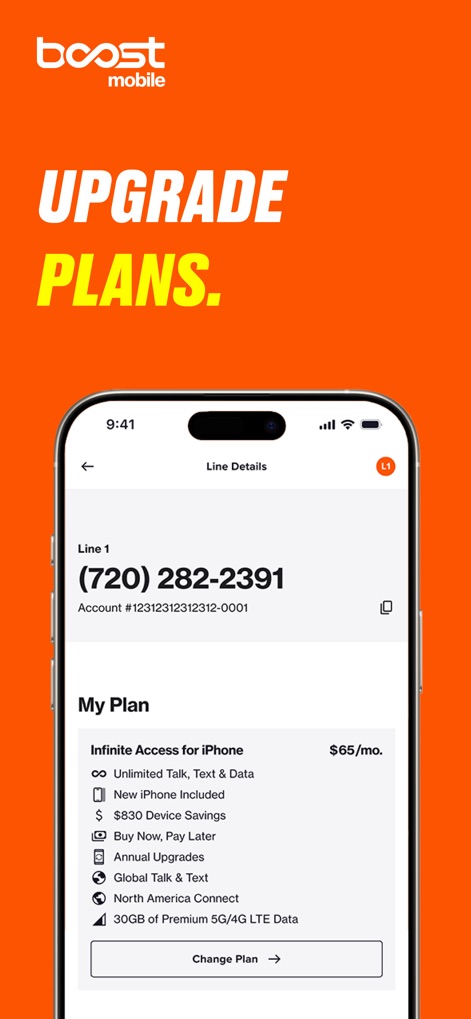 Boost Mobile - Esta interfaz detalla los beneficios del plan 'Infinite Access for iPhone' y presenta una clara llamada a la acción para 'Change Plan', empoderando a los usuarios con flexibilidad.