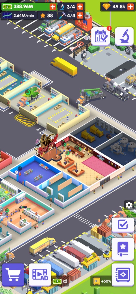 Truck Stop Tycoon-idle game - Esta captura detalla un centro de servicios en pleno funcionamiento, donde los usuarios pueden observar instalaciones como el restaurante y el supermercado, mientras una flota diversa de camiones de carga y vehículos de construcción transita por el lugar.