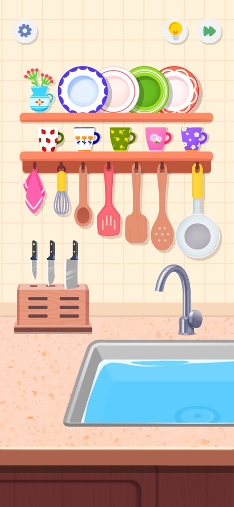 SatisPuzzle: Perfect Tidy - The app offers satisfying kitchen organization tasks, presenting neatly stacked dishes on shelves and a perfectly arranged set of hanging utensils.