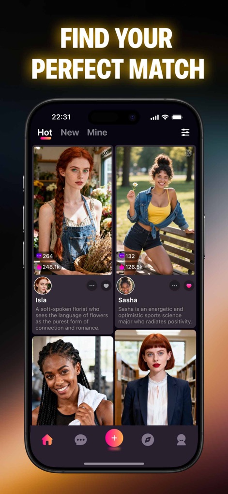 Roleplay Chat AI, Fantasy: Cha - La aplicación presenta una diversidad de perfiles de IA, cada uno con una imagen y una descripción concisa, junto a un sistema de calificación y engagement que permite a los usuarios interactuar con los personajes.