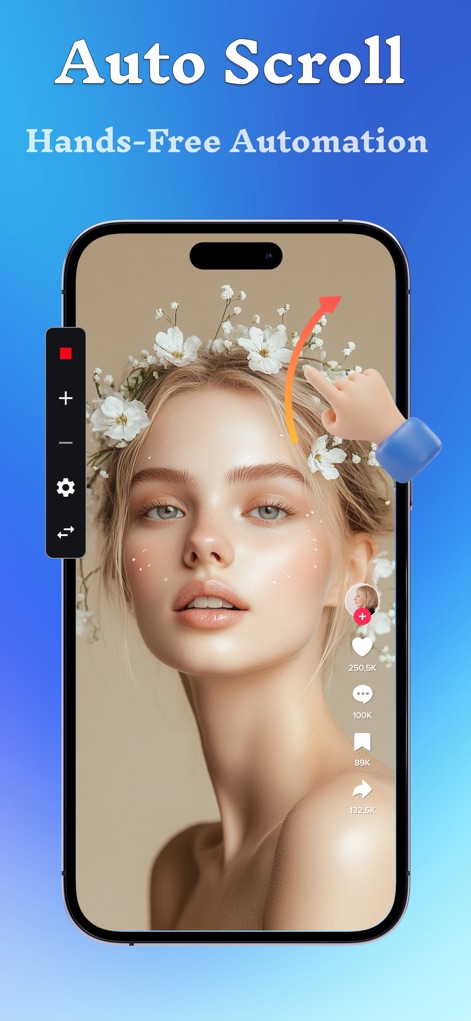Auto Clicker,Click Assistant - Experience seamless content navigation with the app's 'Swipe Up Automation' feature, clearly demonstrated through an animated gesture and the comprehensive control panel.